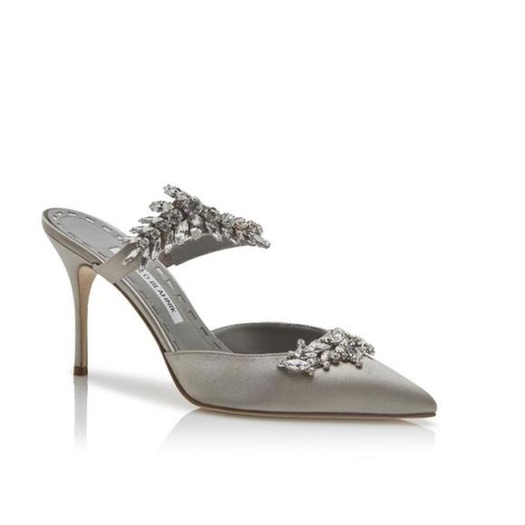 Manolo Blahnik Shoes - New Manolo Blahnik Lurum grey satin crystal embellished mules size 39EU